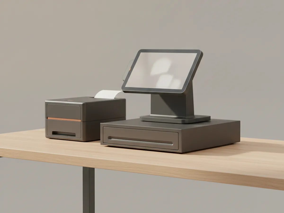 A complete VisibleSeed checkout counter: touchscreen register, receipt printer, and cash drawer on a clean counter
